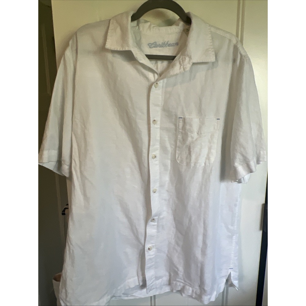 Caribbean Shirt Mens XL‎ White Button Up Linen Blend Short Sleeve Pocket